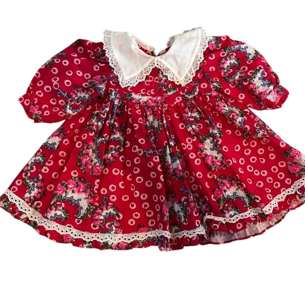 Vintage Mousefeathers Red Floral Print Short Sleeves Collared  Dress Size 12M